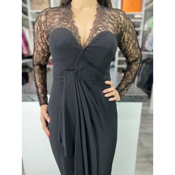 Catherine Malandrino Black Lace Full Sleeved Wrap Gown $330 - Picture 3 of 11